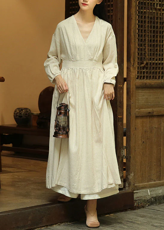Loose Linen V Neck Wrinkled Patchwork Linen Long Dresses Fall - Image 2