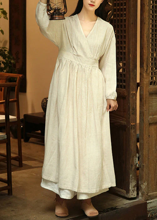 Loose Linen V Neck Wrinkled Patchwork Linen Long Dresses Fall - Image 3