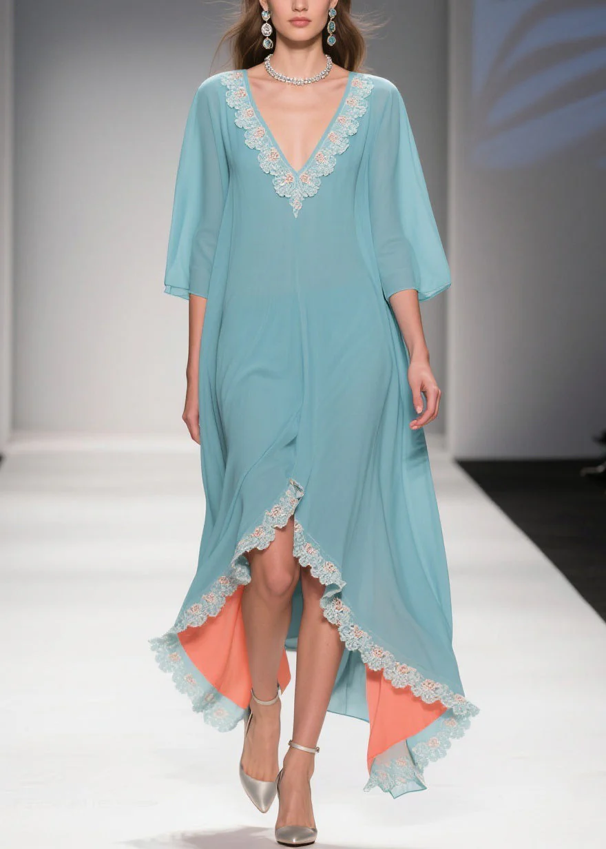 Loose Mint Green Blue Asymmetrical Lace Chiffon Dress Half Sleeve - Image 5