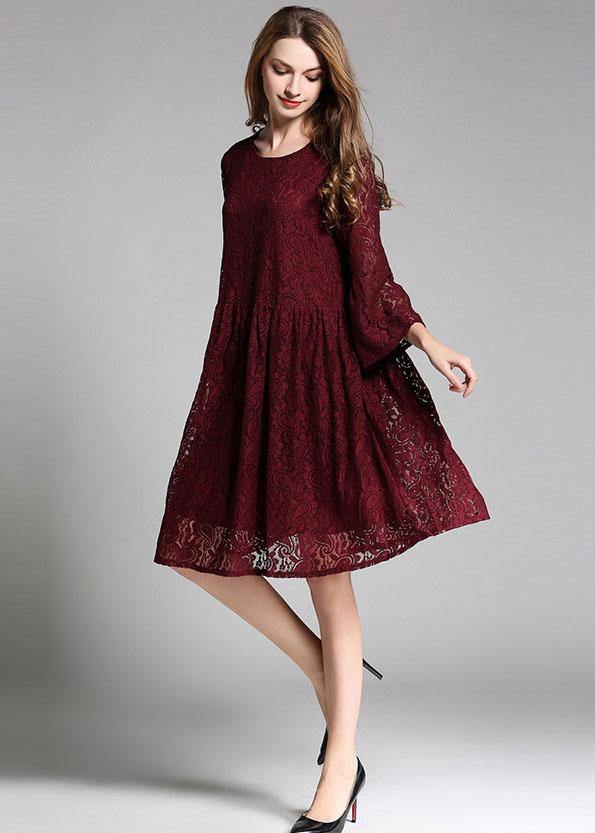 Loose Mulberry Lace Wrinkled Spring Long Dress Three Quarter Sleeve - Image 3