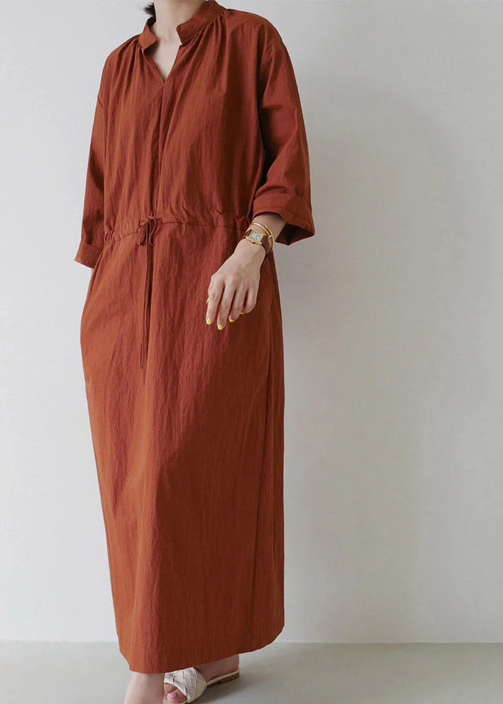 Loose Mulberry V Neck Drawstring Tie Waist Linen Holiday Long Dress Long Sleeve - Image 2