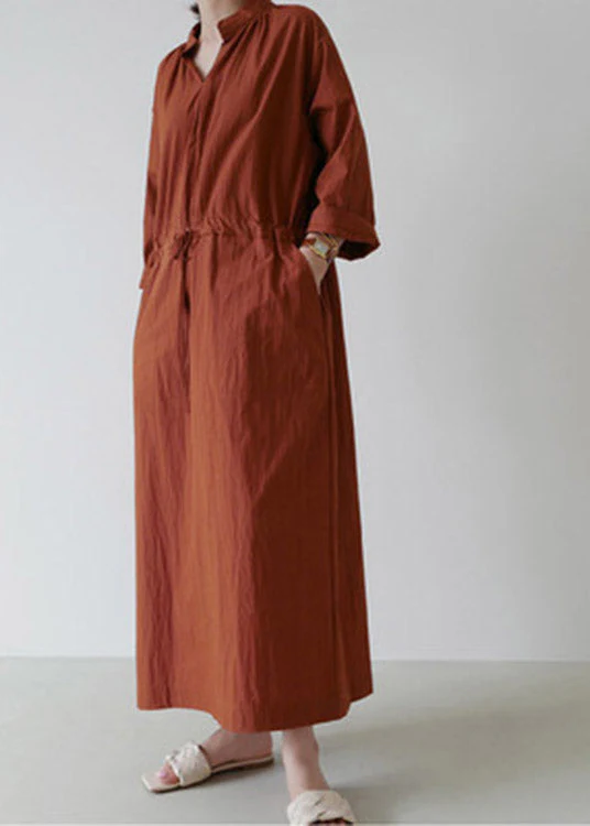Loose Mulberry V Neck Drawstring Tie Waist Linen Holiday Long Dress Long Sleeve - Image 4