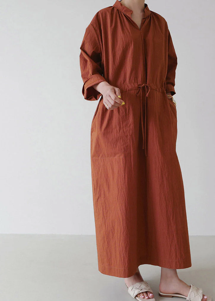 Loose Mulberry V Neck Drawstring Tie Waist Linen Holiday Long Dress Long Sleeve - Image 5