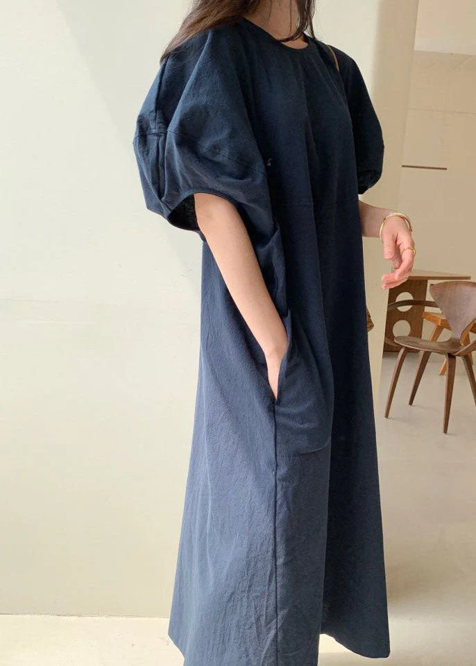 Loose Navy Cotton Vacation Loose Dresses Short Sleeve - Image 2