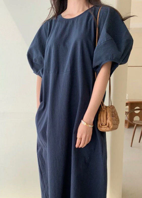 Loose Navy Cotton Vacation Loose Dresses Short Sleeve - Image 3