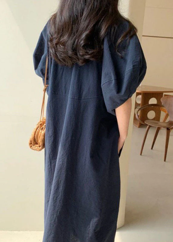 Loose Navy Cotton Vacation Loose Dresses Short Sleeve - Image 4