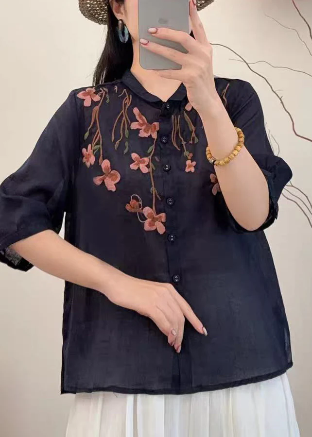 Loose Navy Embroidered Linen Shirts Summer - Image 2
