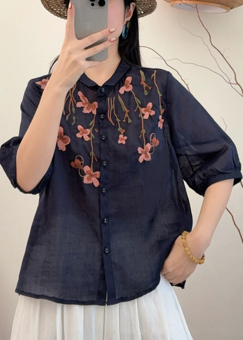 Loose Navy Embroidered Linen Shirts Summer - Image 3