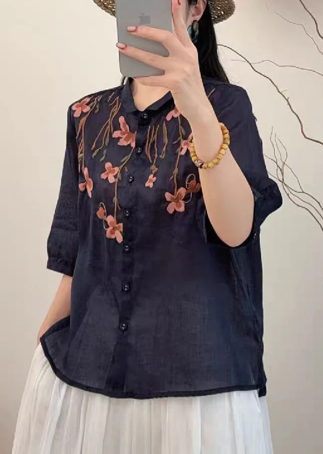 Loose Navy Embroidered Linen Shirts Summer - Image 4