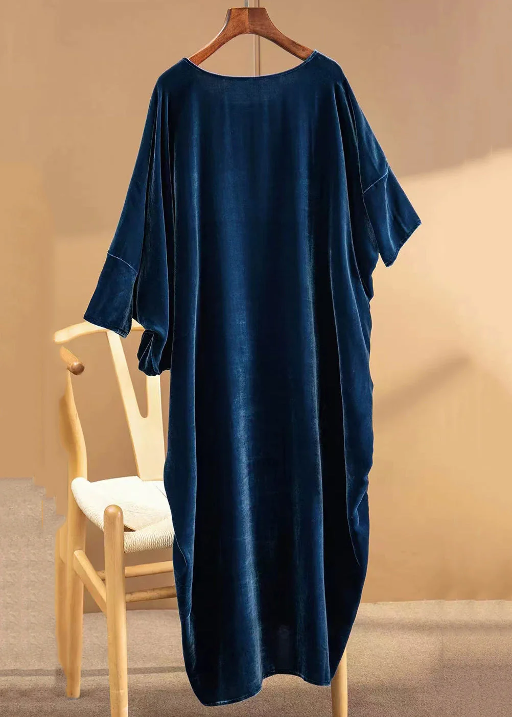 Loose Navy O Neck Asymmetrical Patchwork Silk Velour Dresses Fall - Image 2