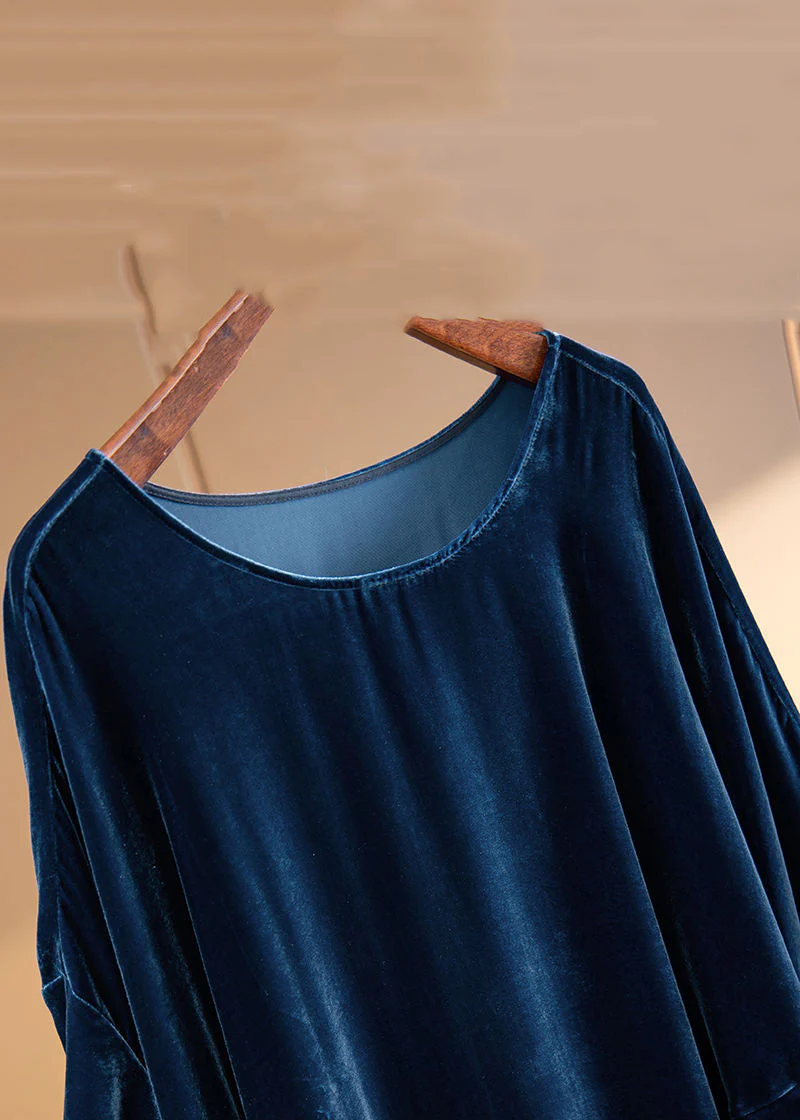 Loose Navy O Neck Asymmetrical Patchwork Silk Velour Dresses Fall - Image 3
