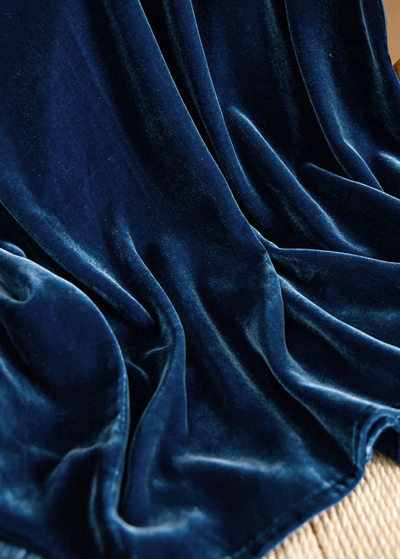 Loose Navy O Neck Asymmetrical Patchwork Silk Velour Dresses Fall - Image 4