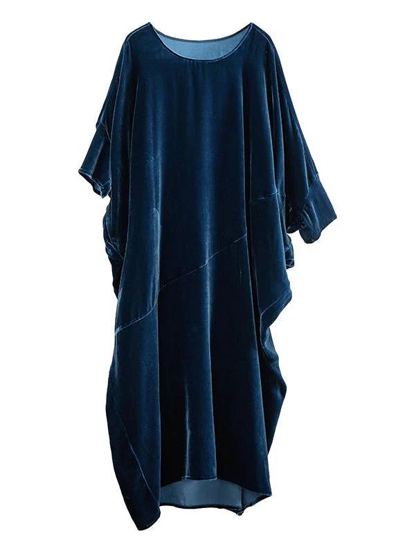 Loose Navy O Neck Asymmetrical Patchwork Silk Velour Dresses Fall - Image 5