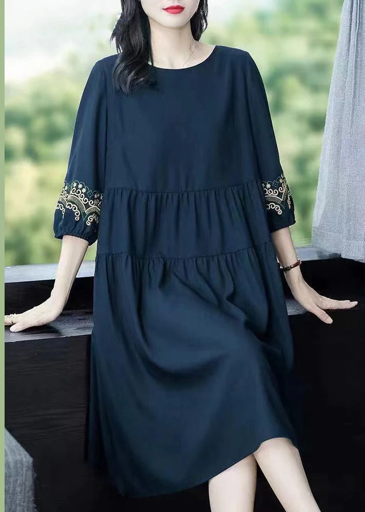 Loose Navy O-Neck Embroidered Cotton Dresses Bracelet Sleeve - Image 3