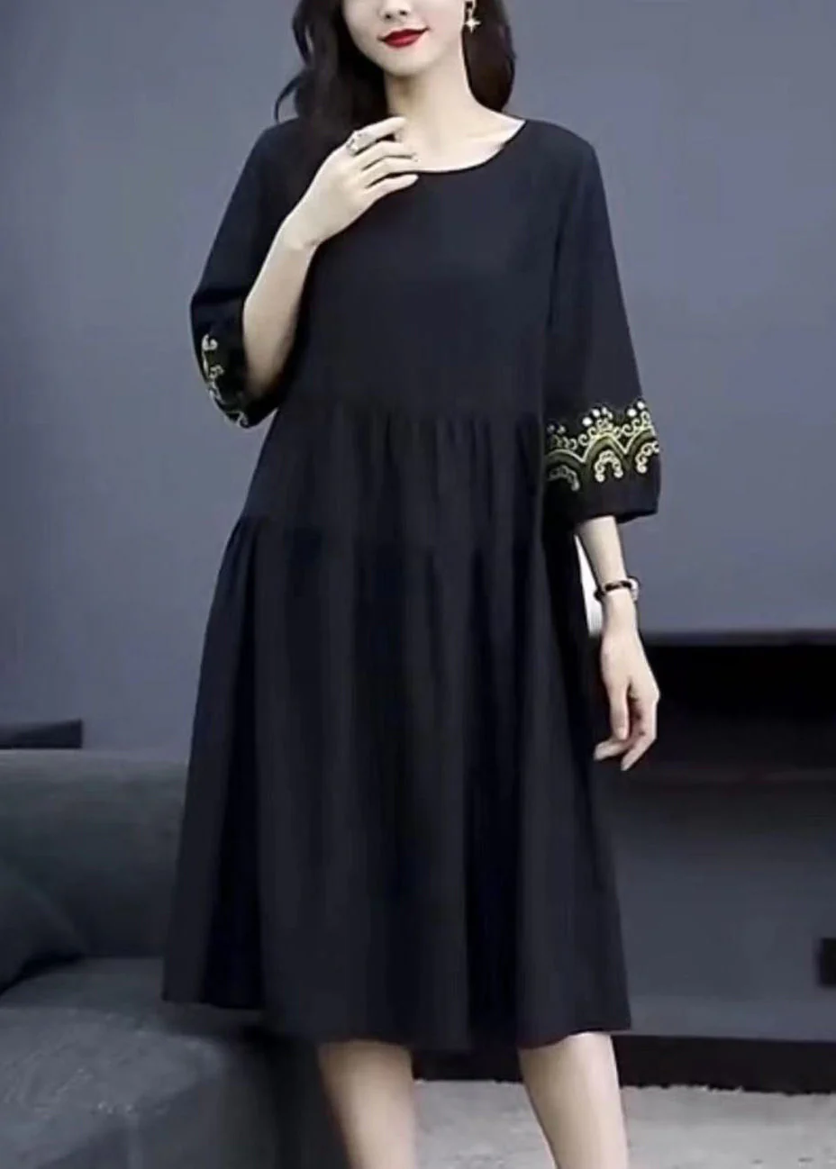 Loose Navy O-Neck Embroidered Cotton Dresses Bracelet Sleeve - Image 4