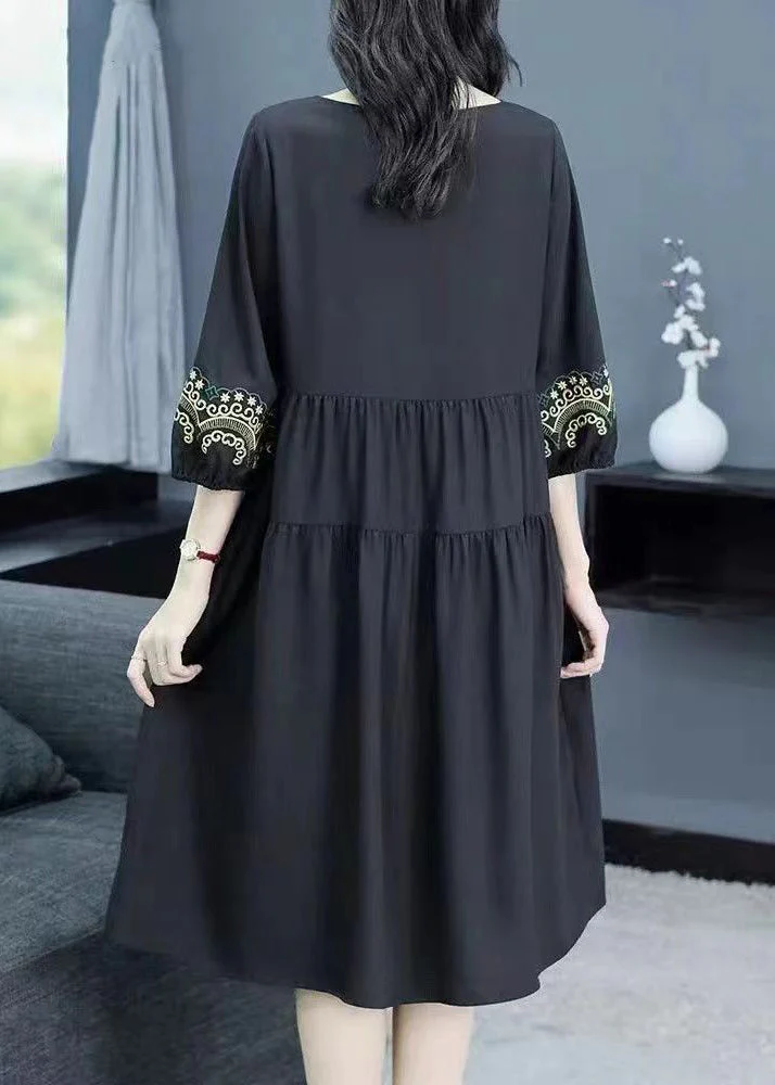 Loose Navy O-Neck Embroidered Cotton Dresses Bracelet Sleeve - Image 5