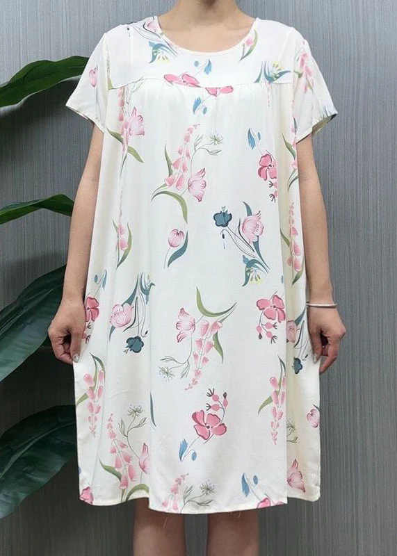 Loose Navy O Neck Print Cotton Pajamas Dresses Summer - Image 3