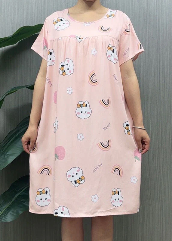 Loose Navy O Neck Print Cotton Pajamas Dresses Summer - Image 4