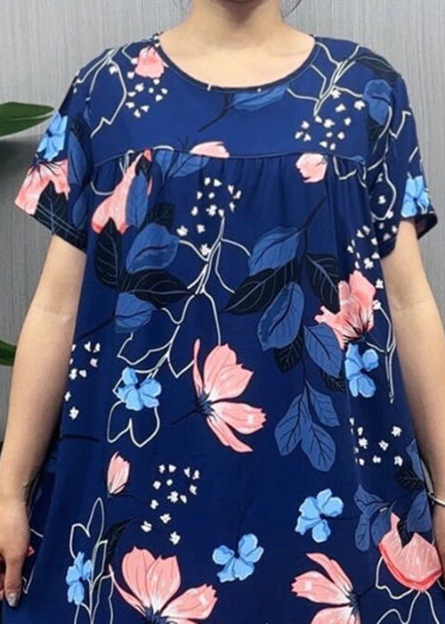 Loose Navy O Neck Print Cotton Pajamas Dresses Summer - Image 5