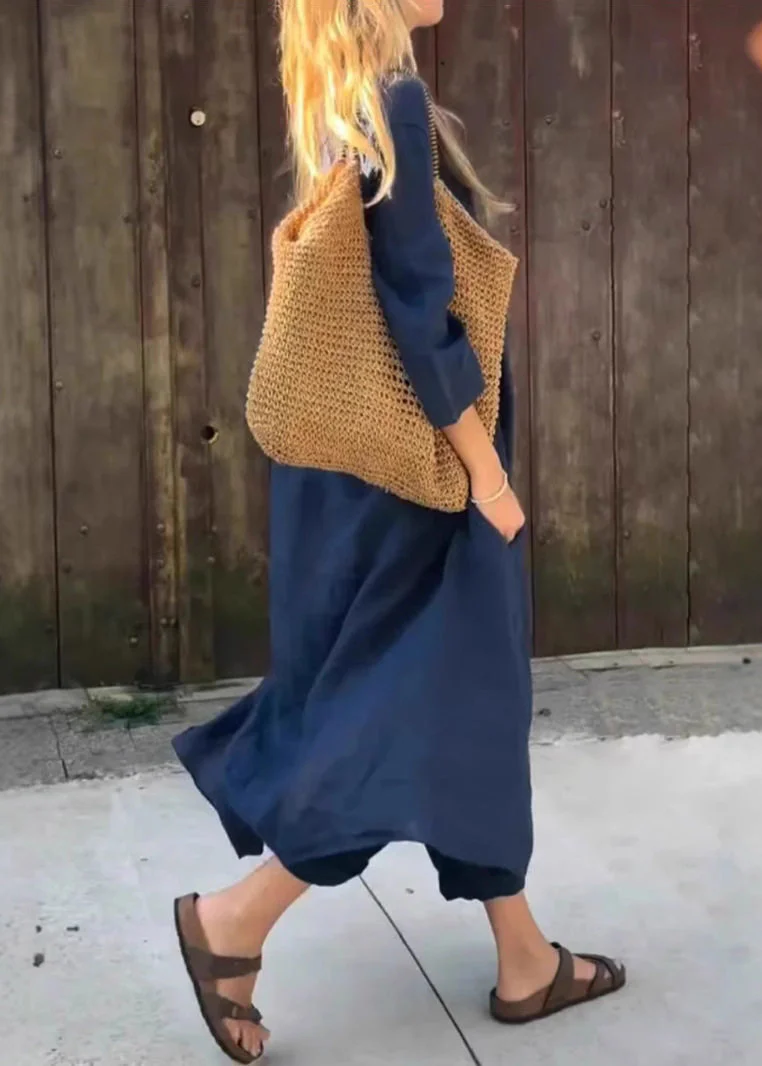Loose Navy Patchwork Solid Shirts And Harem Pants Two Pieces Set Fall - Image 4