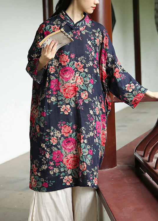Loose Navy Print Button Patchwork Cotton Dresses Long Sleeve - Image 2