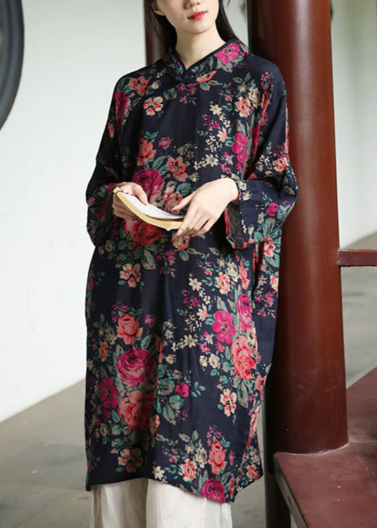 Loose Navy Print Button Patchwork Cotton Dresses Long Sleeve - Image 3