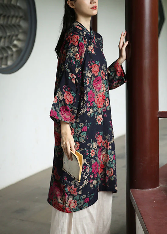 Loose Navy Print Button Patchwork Cotton Dresses Long Sleeve - Image 4