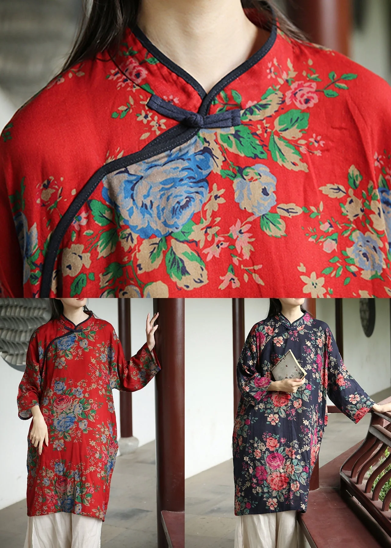 Loose Navy Print Button Patchwork Cotton Dresses Long Sleeve - Image 5
