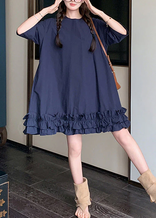 Loose Navy Ruffled Pockets Lace Up Cotton Dresses Half Sleeve - Image 2