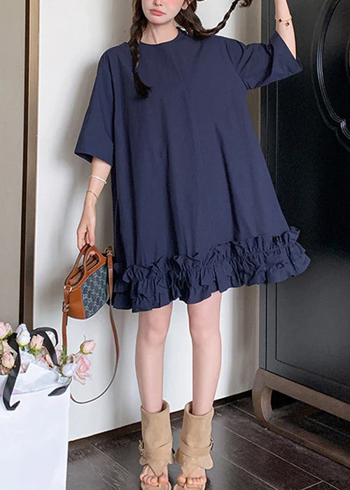 Loose Navy Ruffled Pockets Lace Up Cotton Dresses Half Sleeve - Image 3