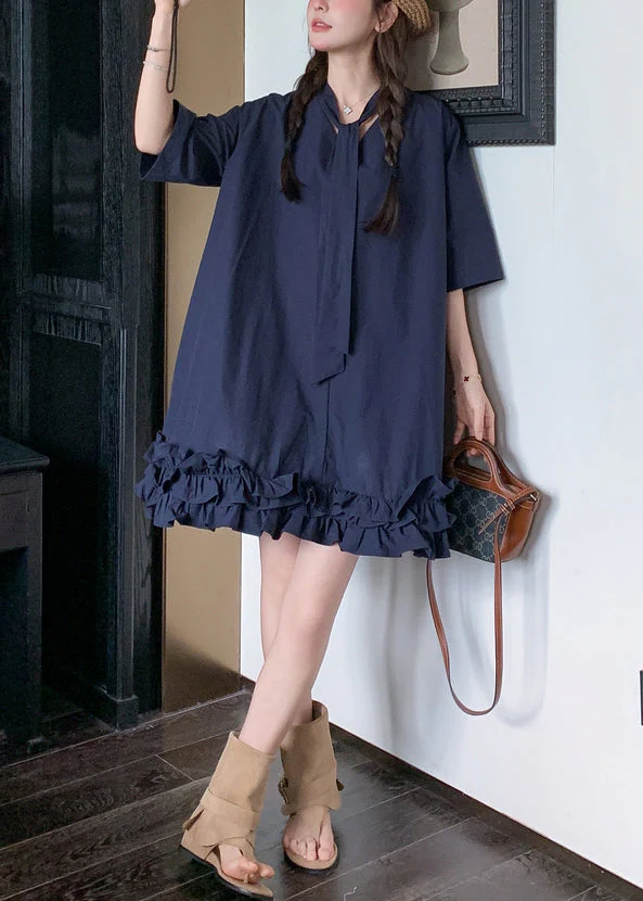 Loose Navy Ruffled Pockets Lace Up Cotton Dresses Half Sleeve - Image 4