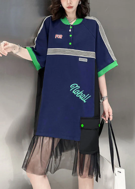 Loose Navy Stand Collar Pockets Tulle Patchwork Mid Dress Half Sleeve - Image 5