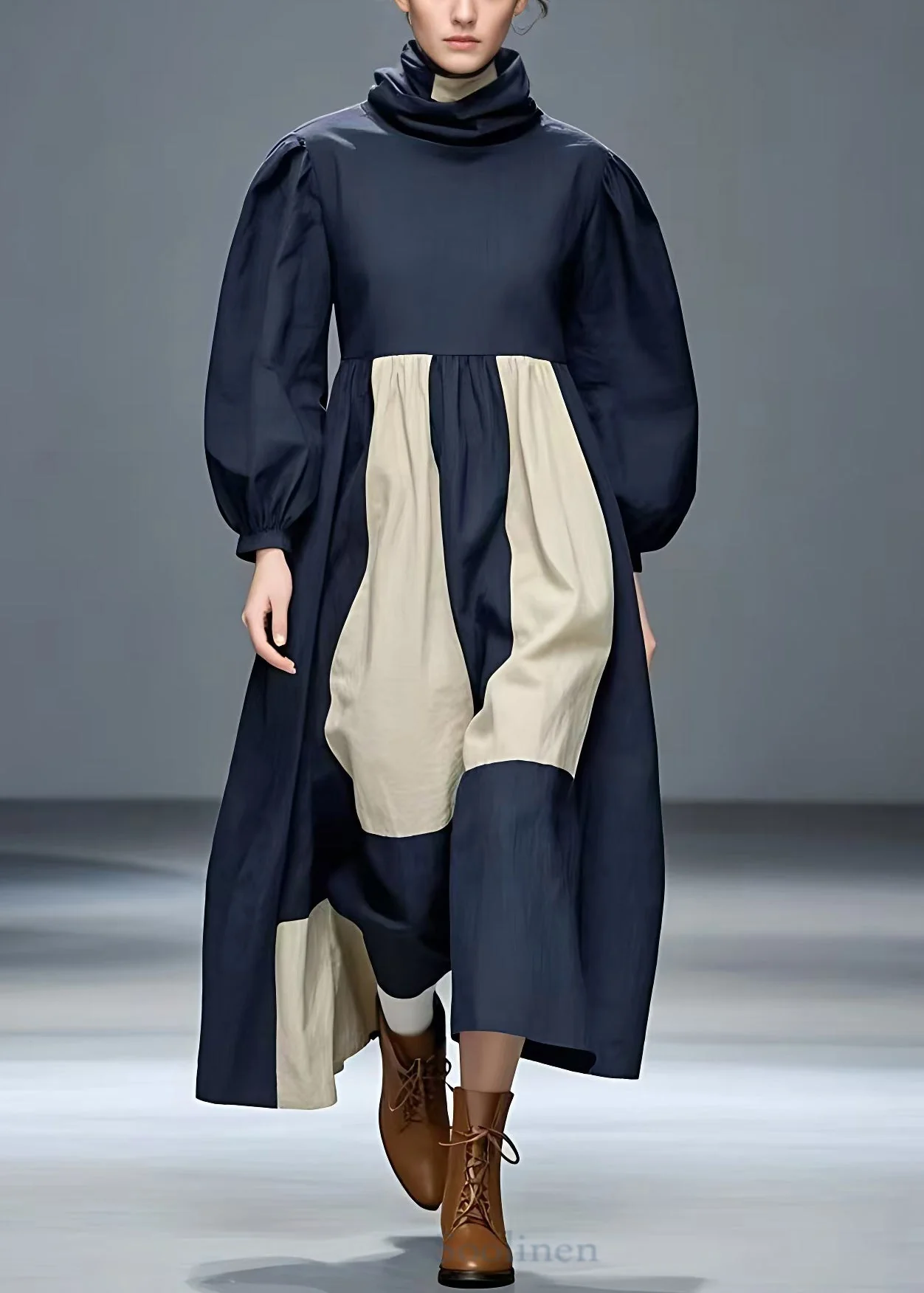 Loose Navy Turtleneck Patchwork Cotton Dress Long Sleeve - Image 2