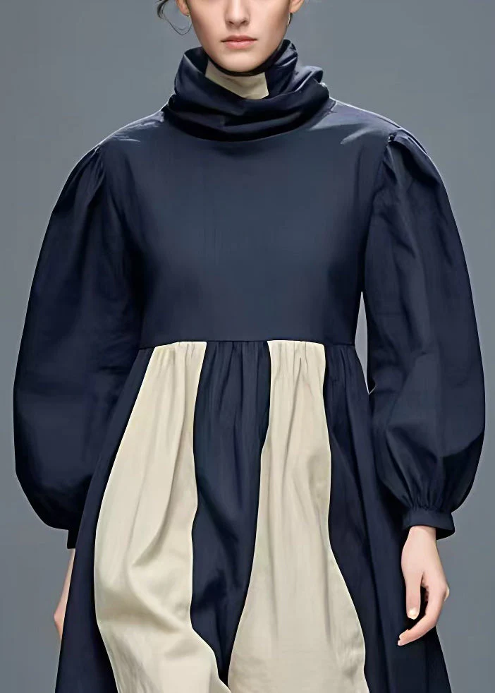 Loose Navy Turtleneck Patchwork Cotton Dress Long Sleeve - Image 3