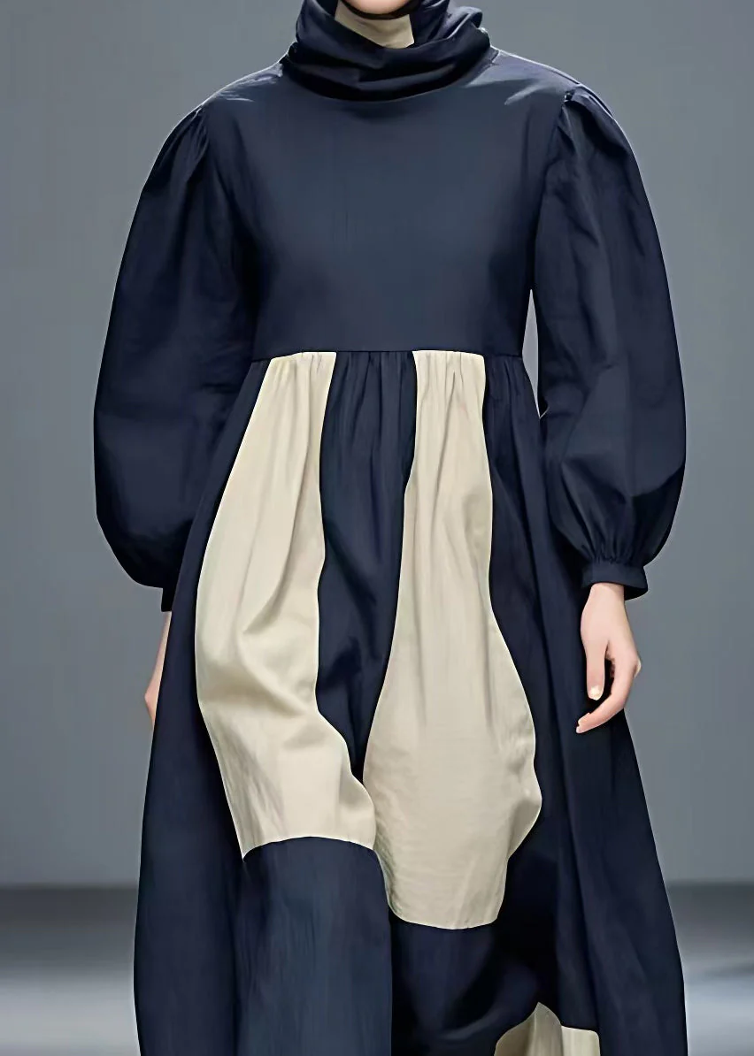 Loose Navy Turtleneck Patchwork Cotton Dress Long Sleeve - Image 4