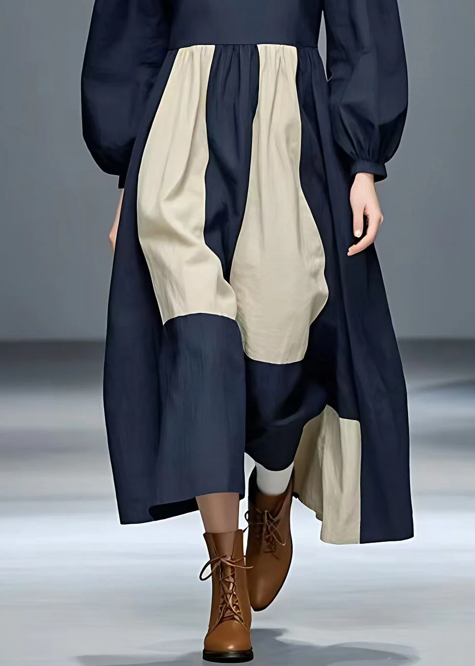 Loose Navy Turtleneck Patchwork Cotton Dress Long Sleeve - Image 5