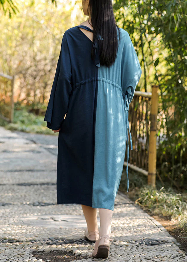 Loose Navy V Neck Lace Up Patchwork Cotton Long Dresses Fall - Image 5