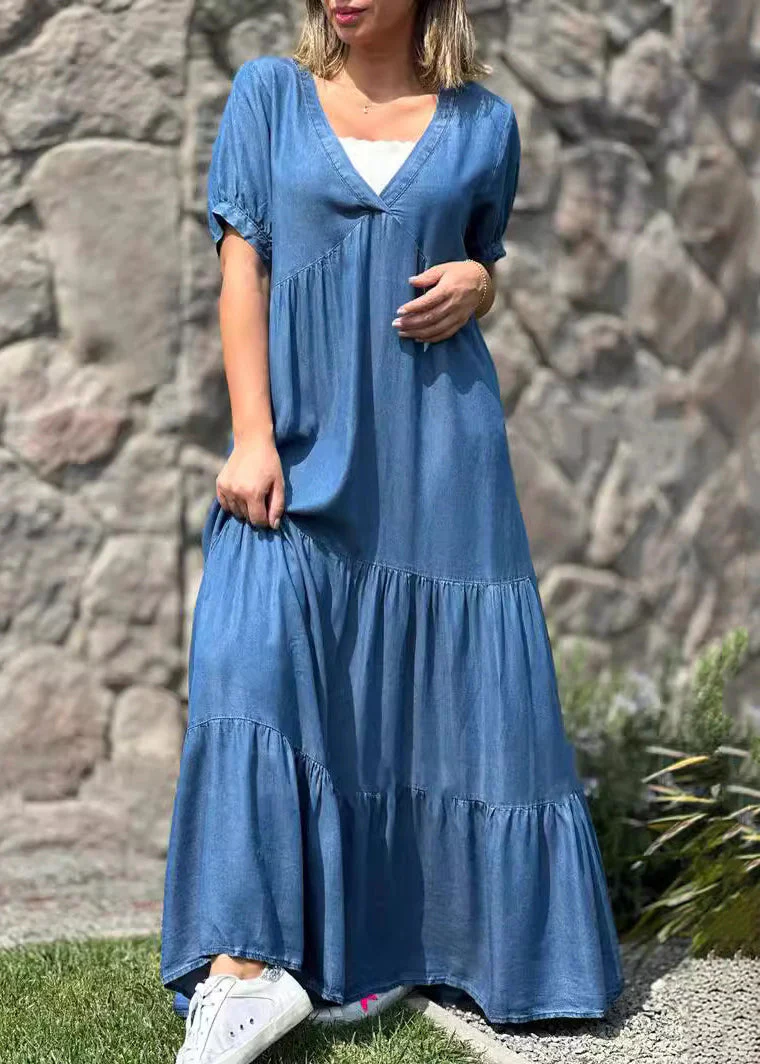Loose Navy V Neck Pockets Patchwork Denim Maxi Dresses Summer - Image 3