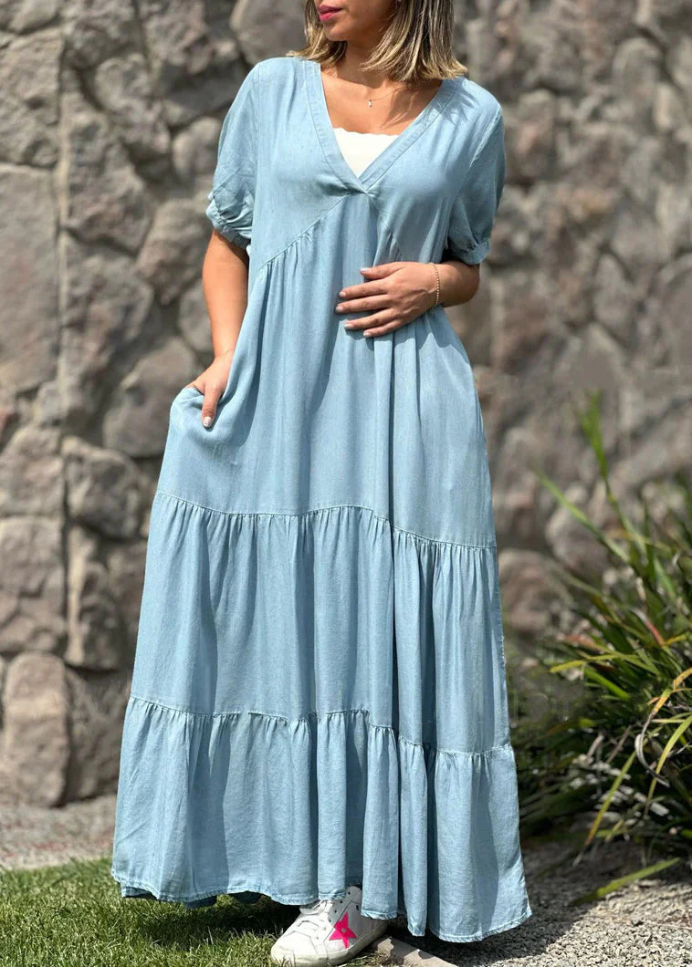 Loose Navy V Neck Pockets Patchwork Denim Maxi Dresses Summer - Image 4