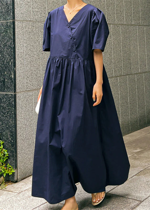 Loose Navy V Neck Wrinkled Button Cotton Maxi Dresses Short Sleeve - Image 4