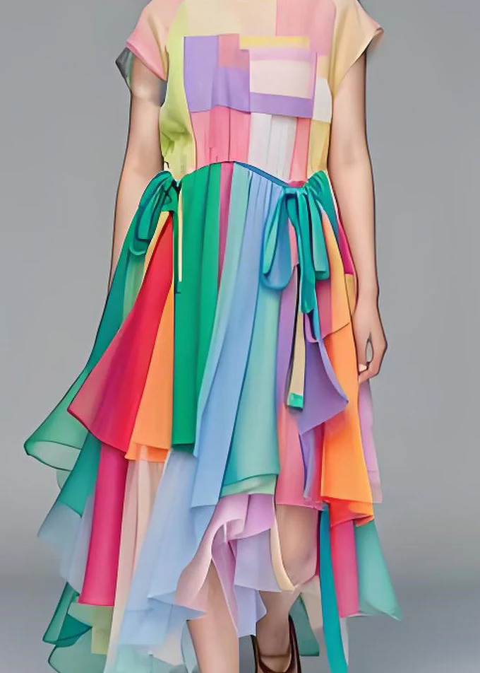 Loose O Neck Asymmetrical Design Tulle Patchwork Cotton Dress Summer - Image 4