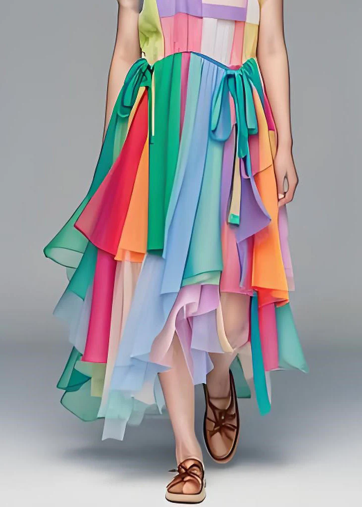 Loose O Neck Asymmetrical Design Tulle Patchwork Cotton Dress Summer - Image 5