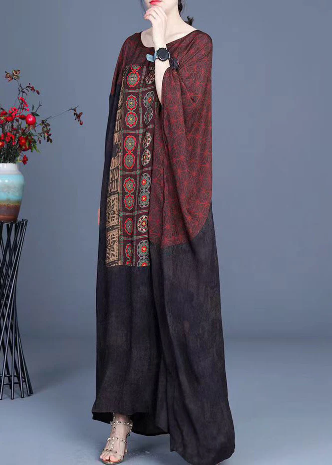 Loose O-Neck Patchwork Asymmetrical Design Print Silk Long Dresses Batwing Sleeve - Image 4