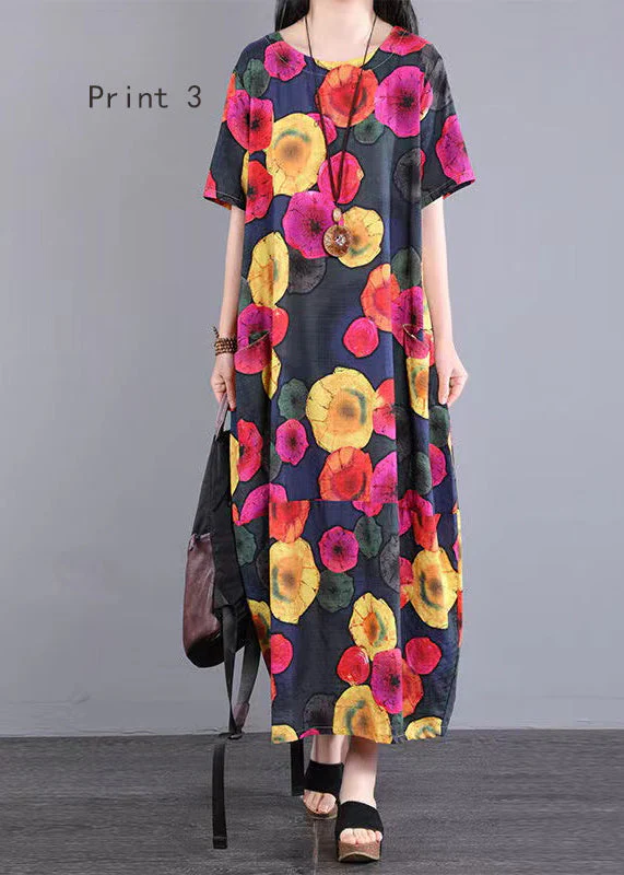Loose O Neck Print Patchwork Cotton Long Dresses Summer - Image 3