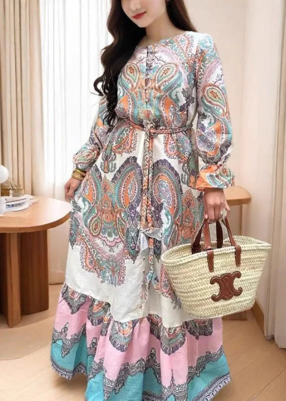 Loose O Neck Print Tie Waist Patchwork Cotton Shirts Dresses Spring - Image 2