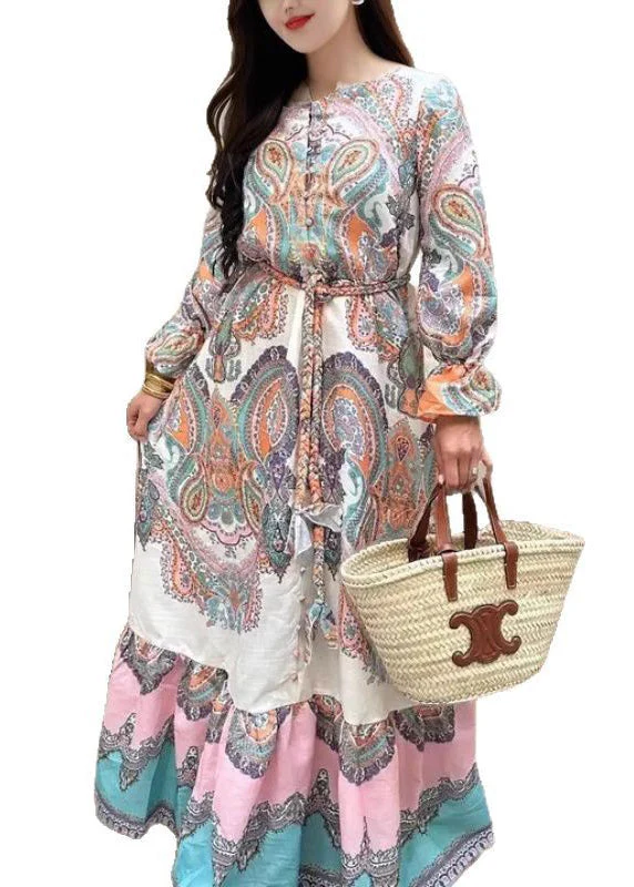 Loose O Neck Print Tie Waist Patchwork Cotton Shirts Dresses Spring - Image 5