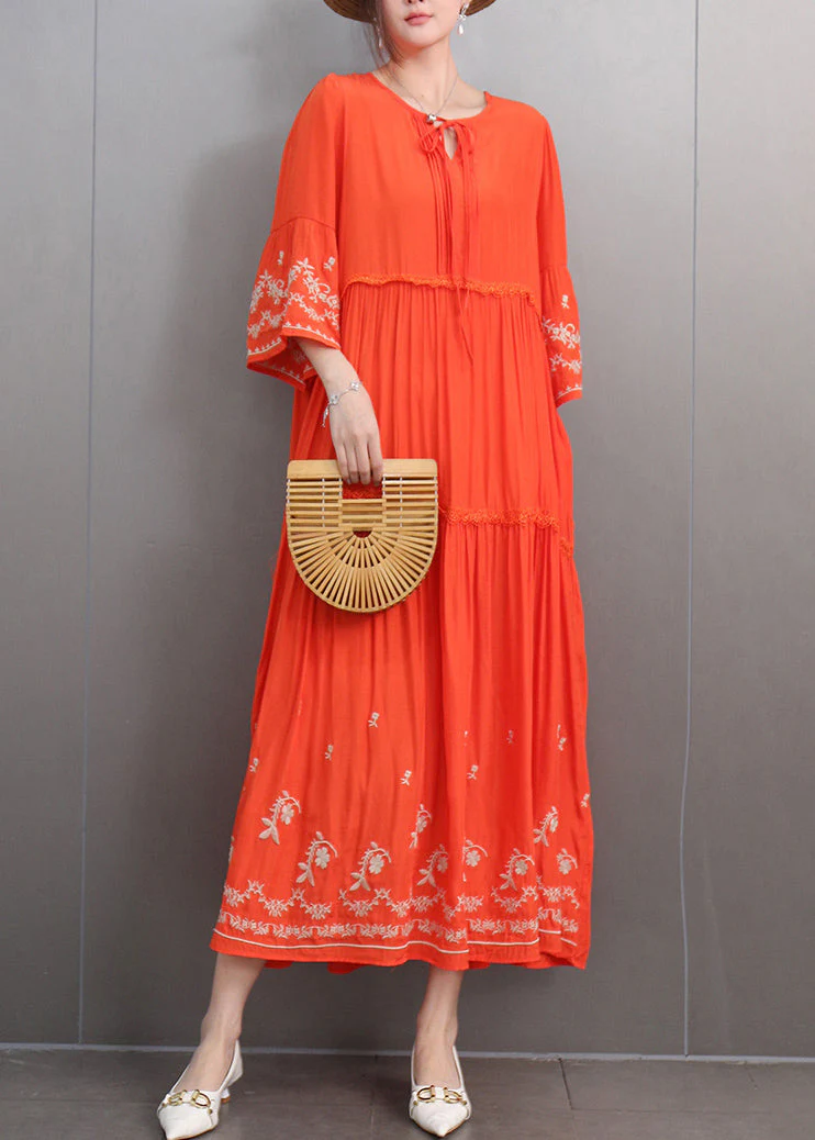 Loose Orange Embroidered Lace Up Pockets Cotton Dresses Half Sleeve - Image 2