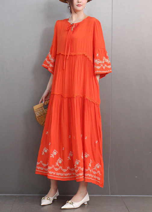 Loose Orange Embroidered Lace Up Pockets Cotton Dresses Half Sleeve - Image 3