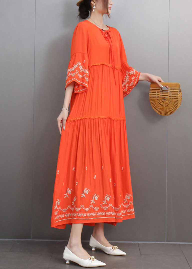 Loose Orange Embroidered Lace Up Pockets Cotton Dresses Half Sleeve - Image 4