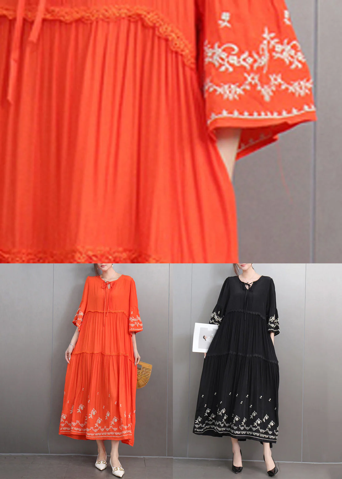 Loose Orange Embroidered Lace Up Pockets Cotton Dresses Half Sleeve - Image 5
